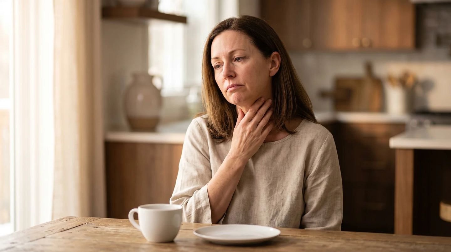 Woman touching throat with coffee cup