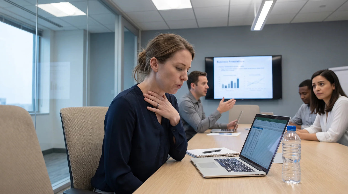 Woman clearing throat in a meeting room
