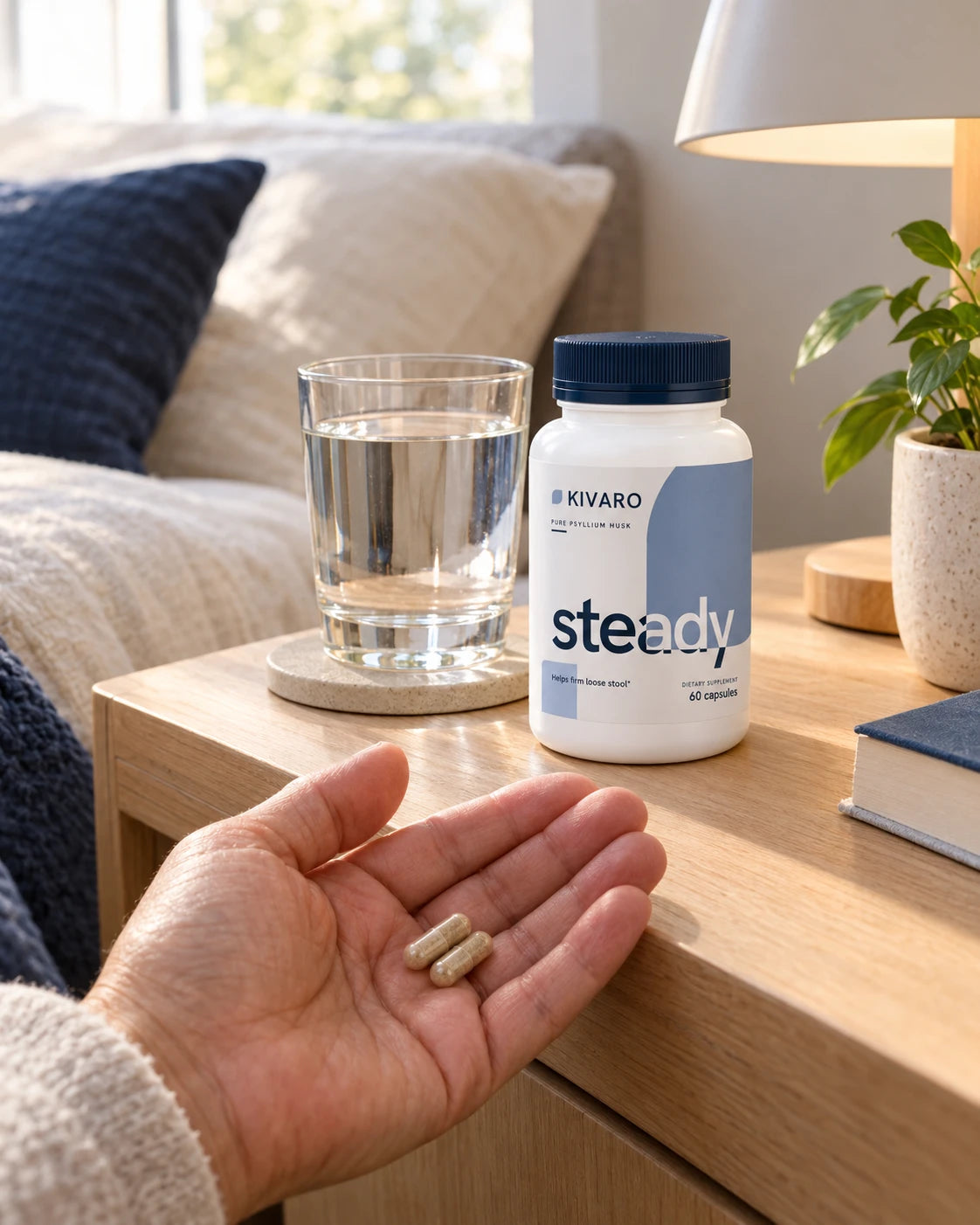 Bottle on a nightstand, two capsules in an open palm