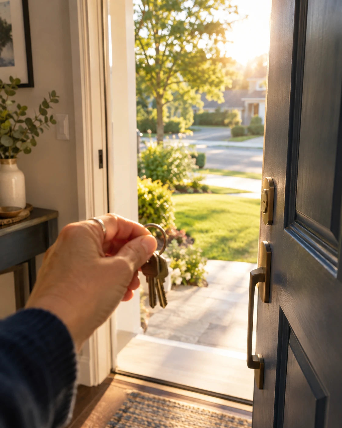 Front door opening to morning light, hand holding keys, no bag